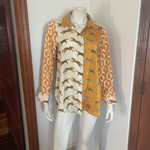 Rose & Olive Mixed Cheetah and Geometric Print Blouse in Mustard and Cream